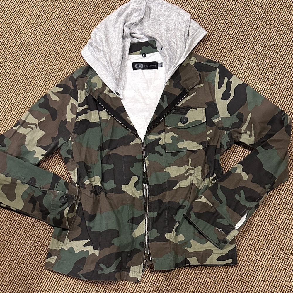 Camouflage Utility Jacket with Gray Hood